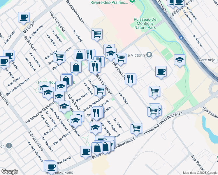 map of restaurants, bars, coffee shops, grocery stores, and more near 11731 Boulevard Langelier in Montreal