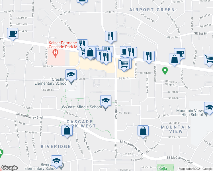 map of restaurants, bars, coffee shops, grocery stores, and more near 718 Southeast 135th Court in Vancouver