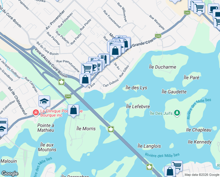 map of restaurants, bars, coffee shops, grocery stores, and more near 11 Carré Dubois in Boisbriand