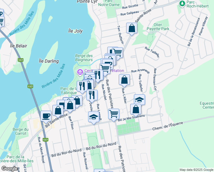 map of restaurants, bars, coffee shops, grocery stores, and more near 1185 Rue des Patriotes in Laval
