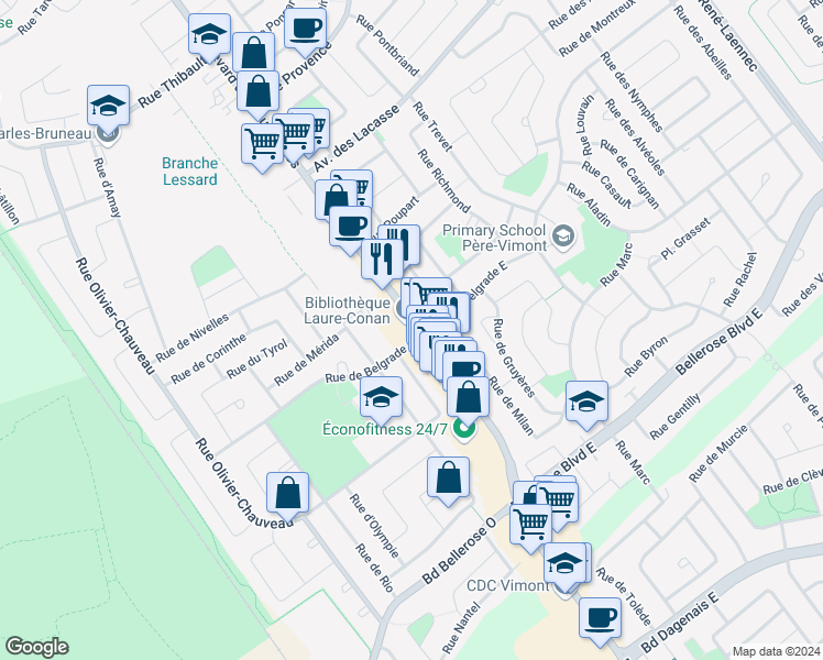 map of restaurants, bars, coffee shops, grocery stores, and more near 4650 Boulevard des Laurentides in Laval