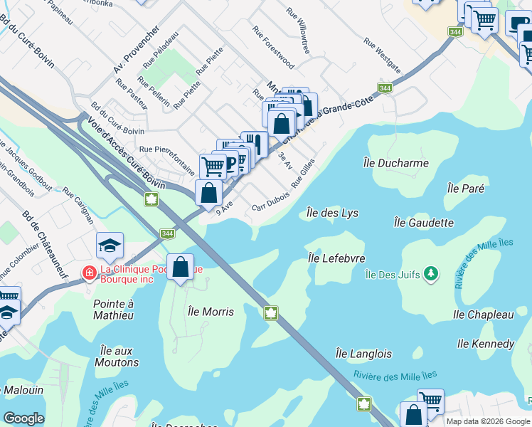 map of restaurants, bars, coffee shops, grocery stores, and more near 11 Carré Dubois in Boisbriand