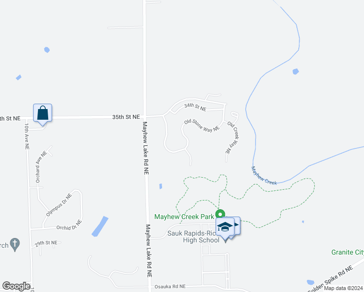 map of restaurants, bars, coffee shops, grocery stores, and more near 3219 Old Stone Way Northeast in Sauk Rapids