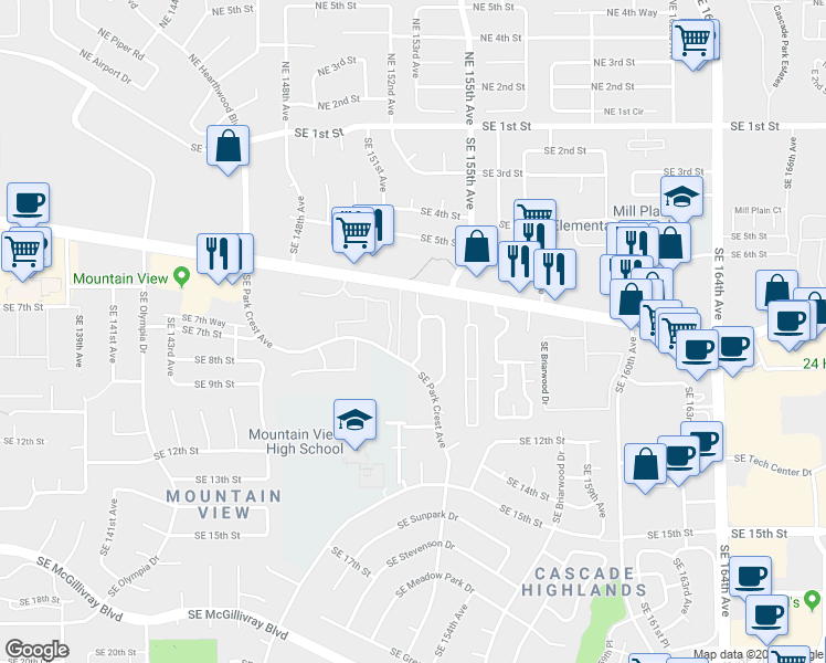 map of restaurants, bars, coffee shops, grocery stores, and more near 901 Southeast 152nd Avenue in Vancouver