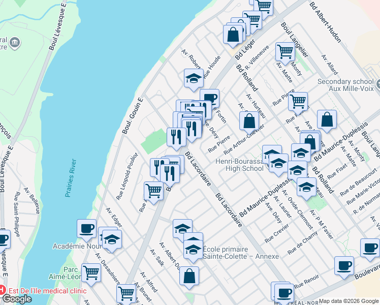 map of restaurants, bars, coffee shops, grocery stores, and more near 12421 Boulevard Lacordaire in Montréal