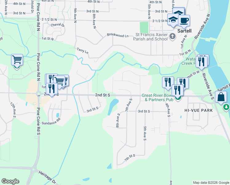 map of restaurants, bars, coffee shops, grocery stores, and more near 704 Watab Court in Sartell