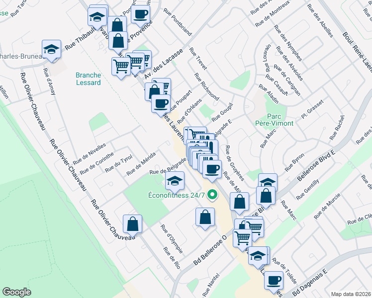 map of restaurants, bars, coffee shops, grocery stores, and more near 4650 Boulevard des Laurentides in Laval