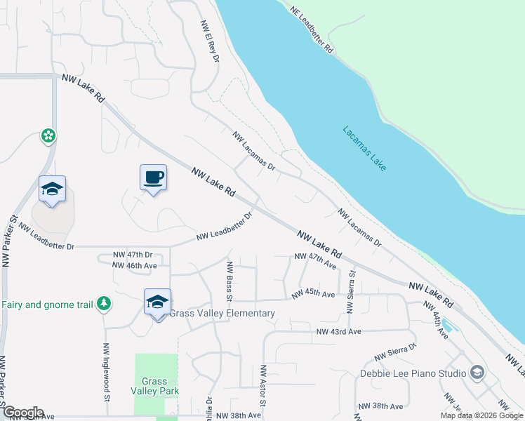 map of restaurants, bars, coffee shops, grocery stores, and more near 2455 Northwest Lake Road in Camas