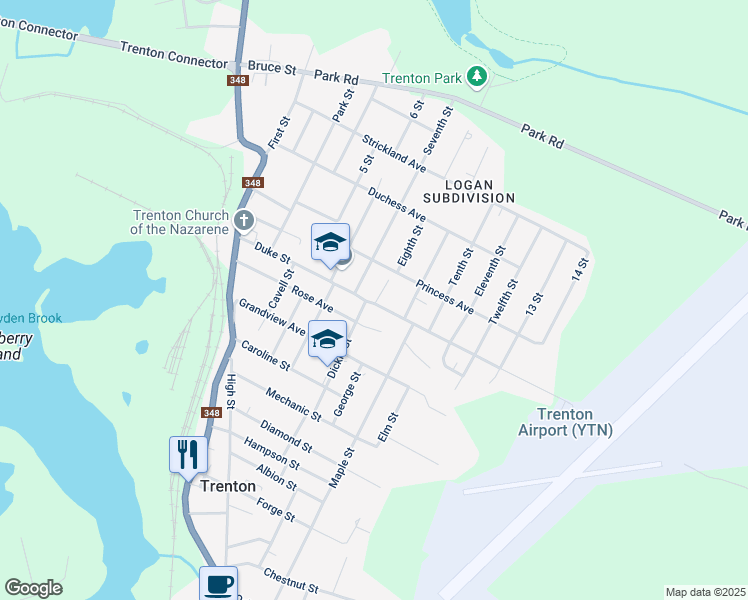 map of restaurants, bars, coffee shops, grocery stores, and more near 73 Duke Street in Trenton