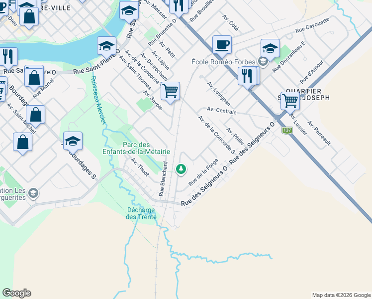 map of restaurants, bars, coffee shops, grocery stores, and more near 17375 Avenue du Moulin in Saint-Hyacinthe