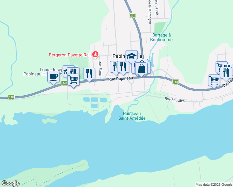 map of restaurants, bars, coffee shops, grocery stores, and more near 133 Rue Laval in Papineauville