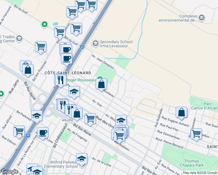 map of restaurants, bars, coffee shops, grocery stores, and more near 9236 Avenue Andrè Mathieu in Montréal
