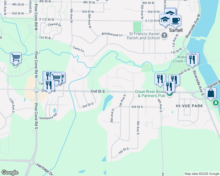 map of restaurants, bars, coffee shops, grocery stores, and more near 704 Watab Court in Sartell