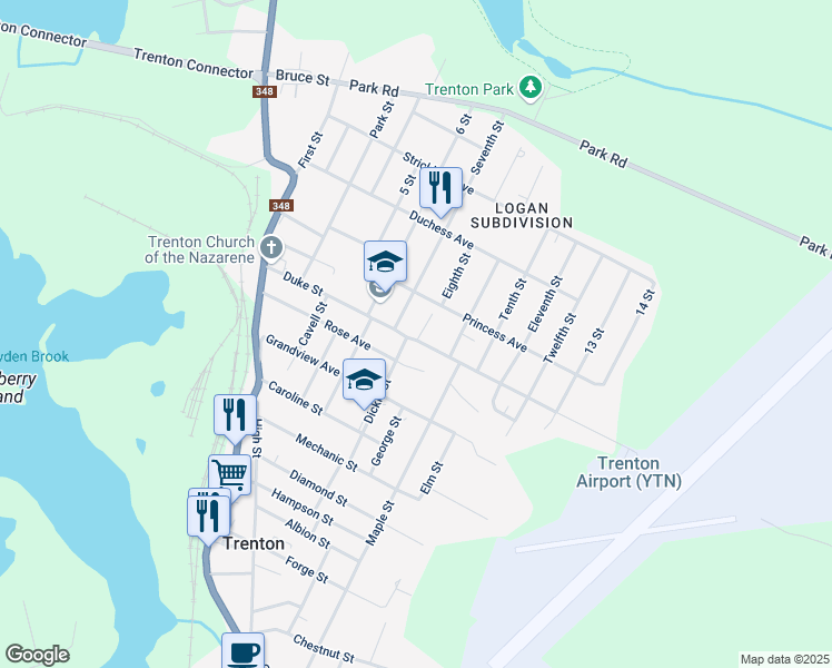 map of restaurants, bars, coffee shops, grocery stores, and more near 73 Duke Street in Trenton
