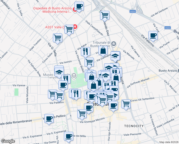 map of restaurants, bars, coffee shops, grocery stores, and more near 6 Via Mentana in Busto Arsizio