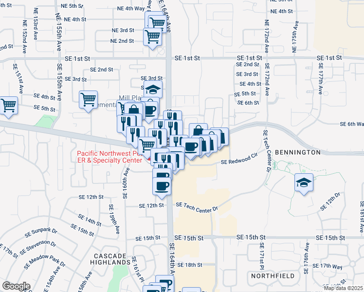 map of restaurants, bars, coffee shops, grocery stores, and more near 707 Southeast 164th Avenue in Vancouver