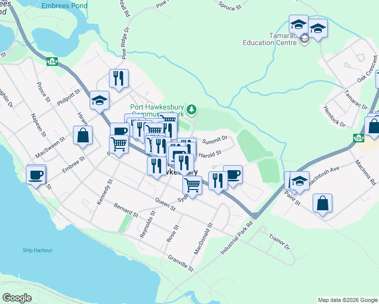 map of restaurants, bars, coffee shops, grocery stores, and more near 5 Summit Drive in Port Hawkesbury