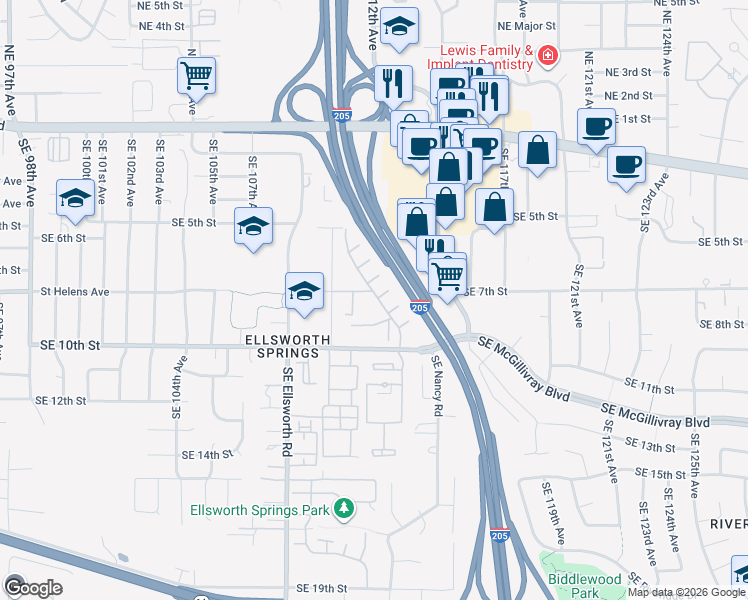 map of restaurants, bars, coffee shops, grocery stores, and more near 11304 Southeast 10th Street in Vancouver