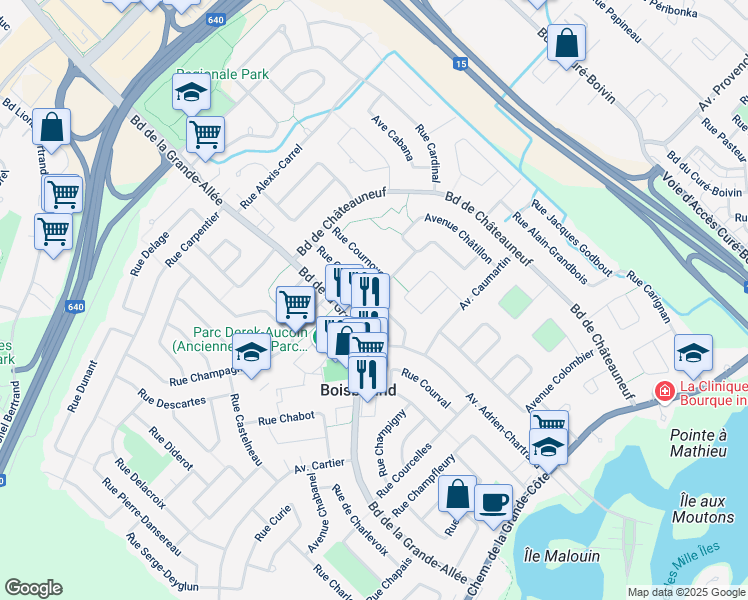 map of restaurants, bars, coffee shops, grocery stores, and more near 1150 Rue Charles Olivier in Boisbriand