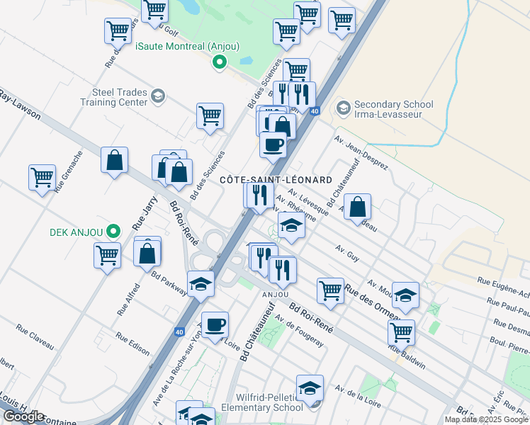 map of restaurants, bars, coffee shops, grocery stores, and more near 8816 Boulevard Métropolitain Est in Montréal