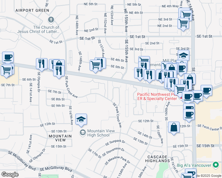 map of restaurants, bars, coffee shops, grocery stores, and more near 800 Southeast 152nd Avenue in Vancouver