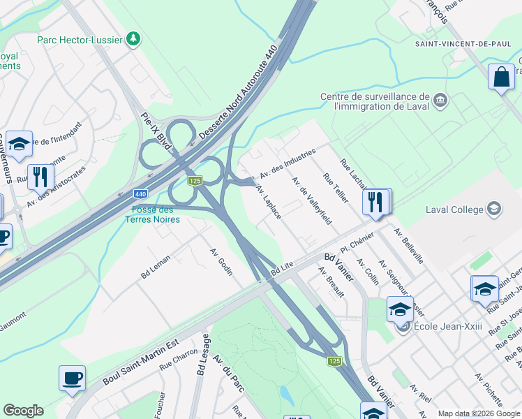 map of restaurants, bars, coffee shops, grocery stores, and more near 1300 Avenue Laplace in Laval