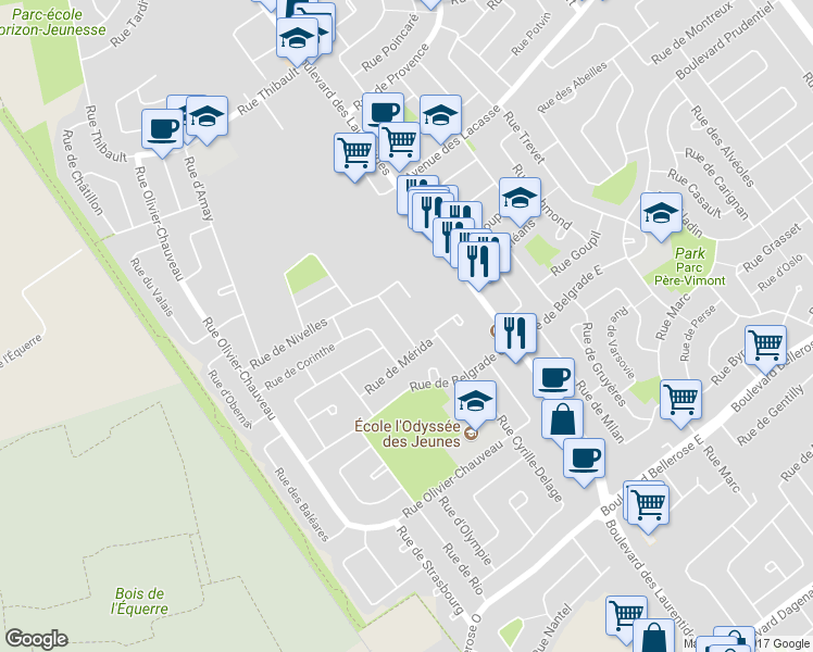 map of restaurants, bars, coffee shops, grocery stores, and more near 4735 Rue de Granville in Laval