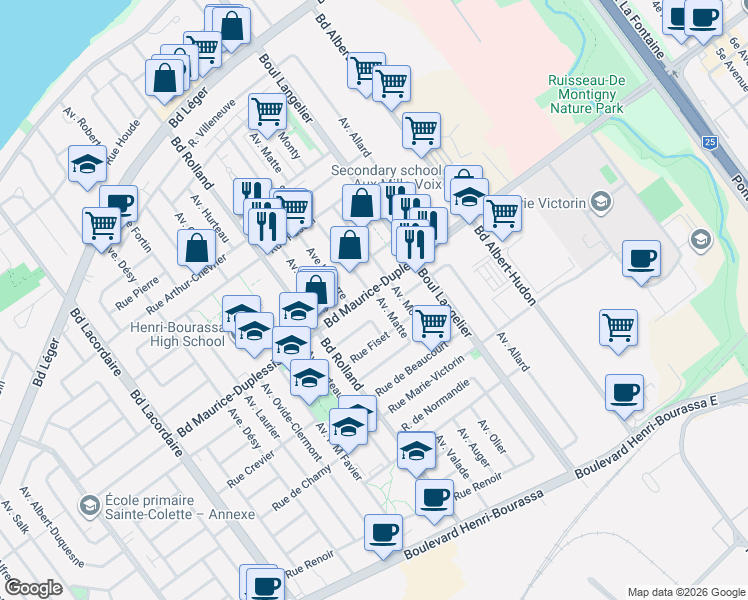 map of restaurants, bars, coffee shops, grocery stores, and more near 6360 Boulevard Maurice-Duplessis in Montrã©Al