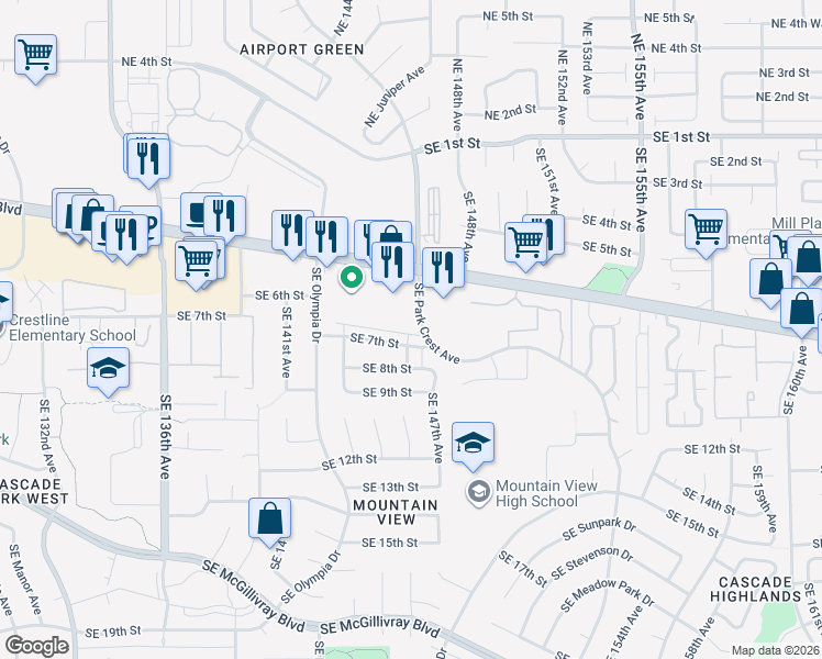 map of restaurants, bars, coffee shops, grocery stores, and more near 14415 Southeast Mill Plain Boulevard in Vancouver