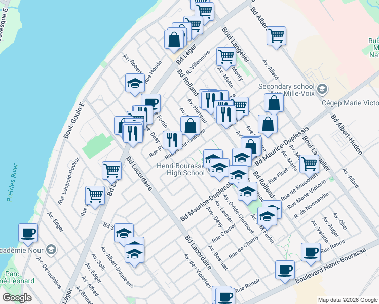 map of restaurants, bars, coffee shops, grocery stores, and more near 6015 Rue Pascal in Montréal