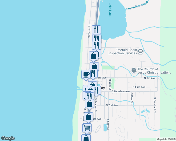 map of restaurants, bars, coffee shops, grocery stores, and more near 342 North Pacific Street in Rockaway Beach