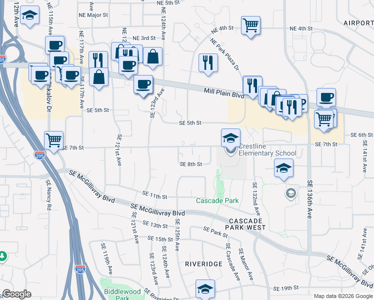 map of restaurants, bars, coffee shops, grocery stores, and more near 12517 Southeast 7th Street in Vancouver