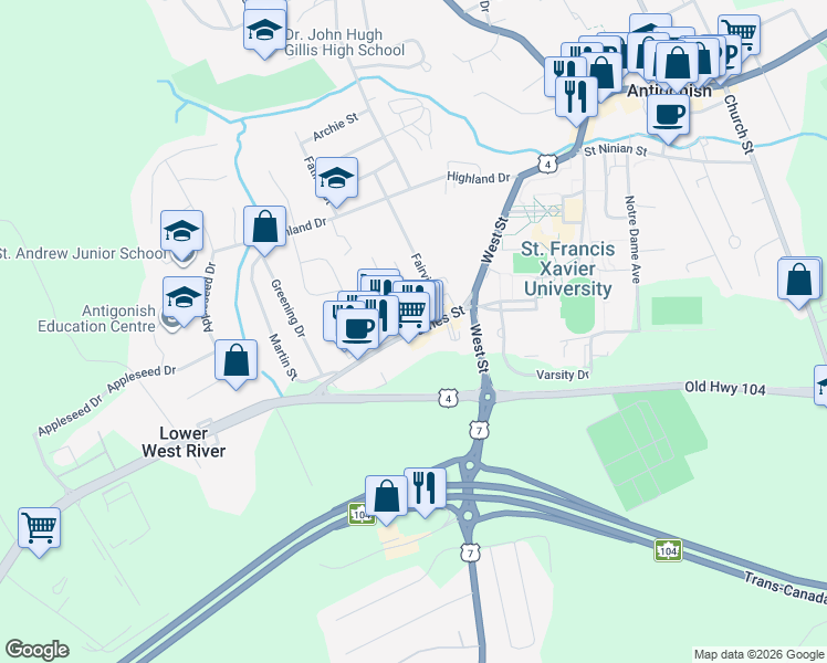 map of restaurants, bars, coffee shops, grocery stores, and more near James Street in Antigonish