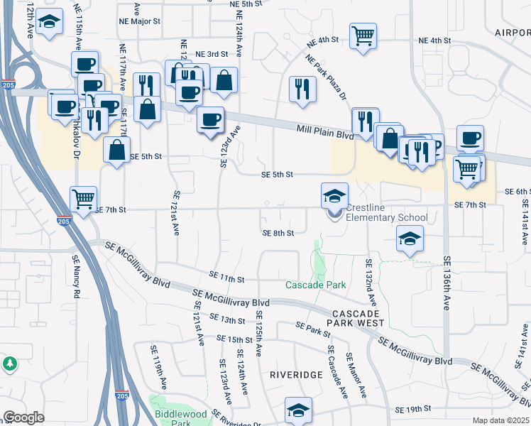 map of restaurants, bars, coffee shops, grocery stores, and more near 707 Southeast 125th Avenue in Vancouver