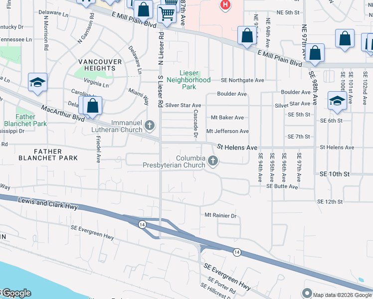 map of restaurants, bars, coffee shops, grocery stores, and more near 715 Southeast Sherley Court in Vancouver