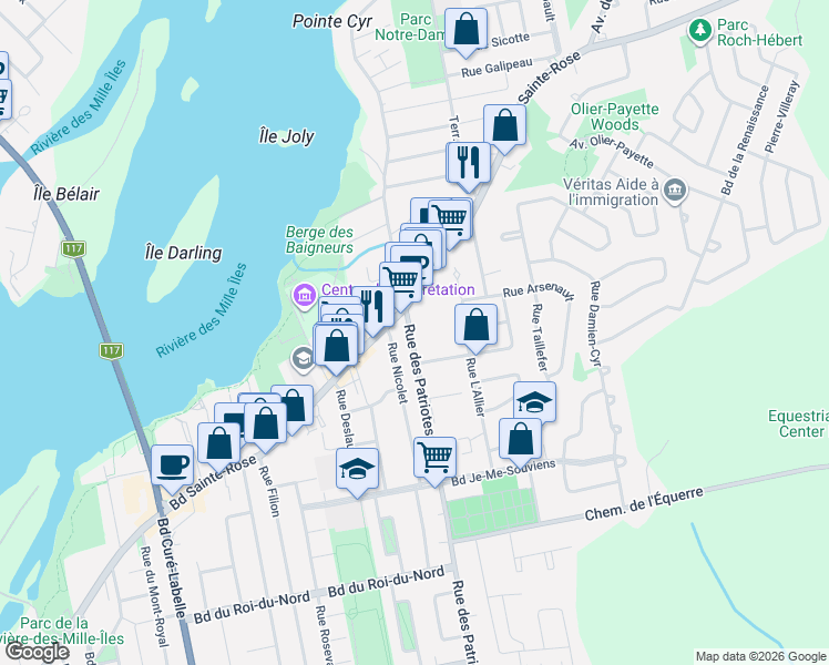 map of restaurants, bars, coffee shops, grocery stores, and more near 1150 Rue des Patriotes in Laval