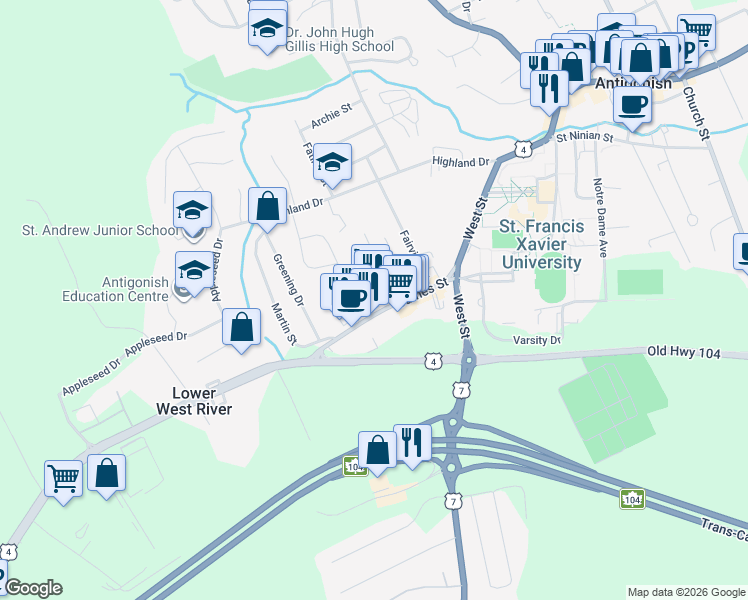 map of restaurants, bars, coffee shops, grocery stores, and more near 36 James Street in Antigonish