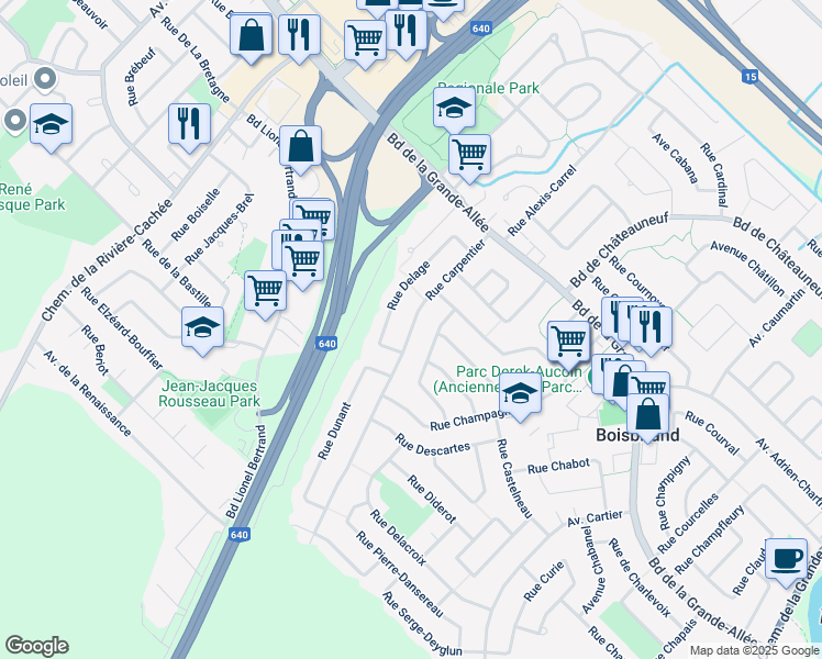map of restaurants, bars, coffee shops, grocery stores, and more near 1641 Rue Carpentier in Boisbriand