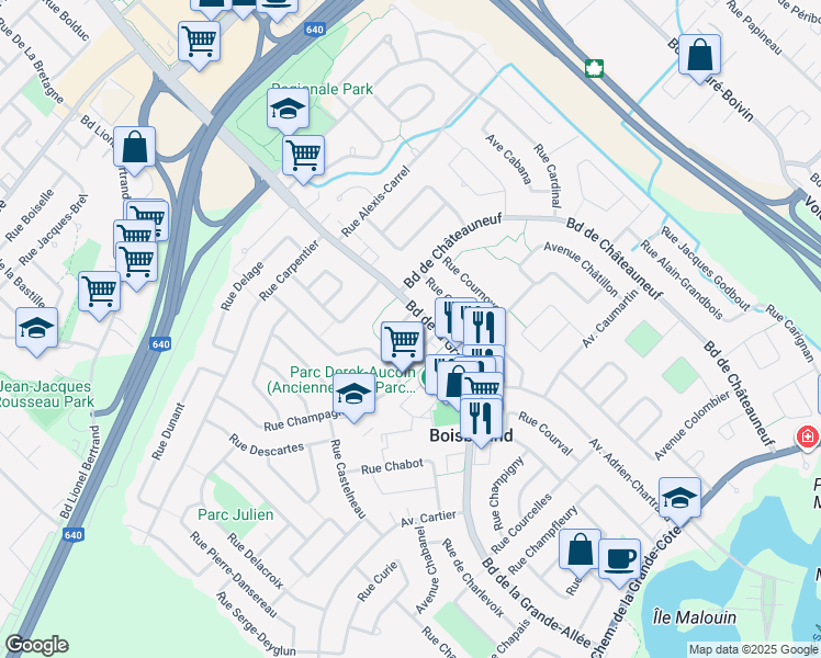 map of restaurants, bars, coffee shops, grocery stores, and more near 1281 Rue de la Commune in Boisbriand