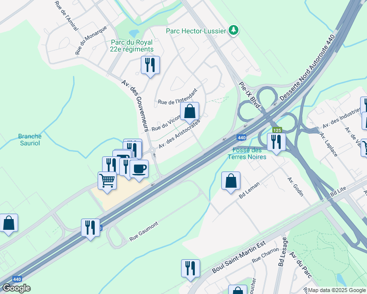map of restaurants, bars, coffee shops, grocery stores, and more near 3040 Rue de la Comtesse in Laval