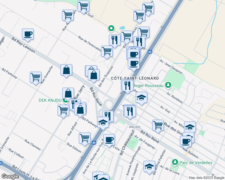 map of restaurants, bars, coffee shops, grocery stores, and more near in Montreal