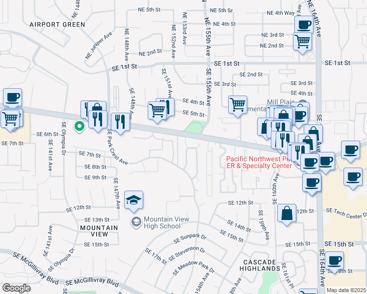 map of restaurants, bars, coffee shops, grocery stores, and more near 15202 Southeast 8th Street in Vancouver