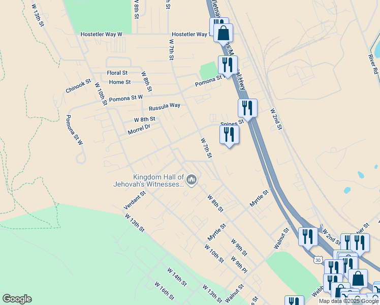 map of restaurants, bars, coffee shops, grocery stores, and more near 2700 West 7th Street in The Dalles