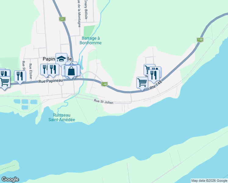map of restaurants, bars, coffee shops, grocery stores, and more near 193 Rue Papineau in Papineauville