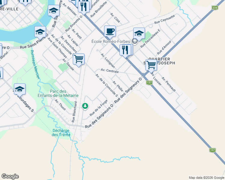 map of restaurants, bars, coffee shops, grocery stores, and more near 1120 Rue Bolduc in Saint-Hyacinthe