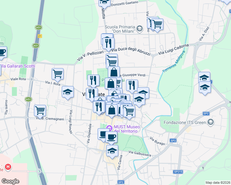 map of restaurants, bars, coffee shops, grocery stores, and more near 40/a Via Giuseppe Mazzini in Vimercate