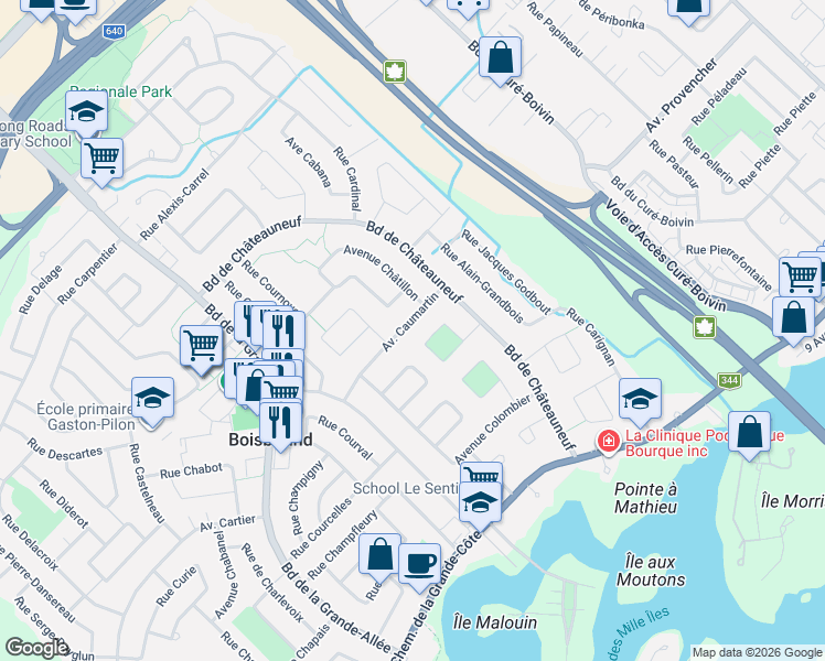 map of restaurants, bars, coffee shops, grocery stores, and more near 234 Avenue Caumartin in Boisbriand