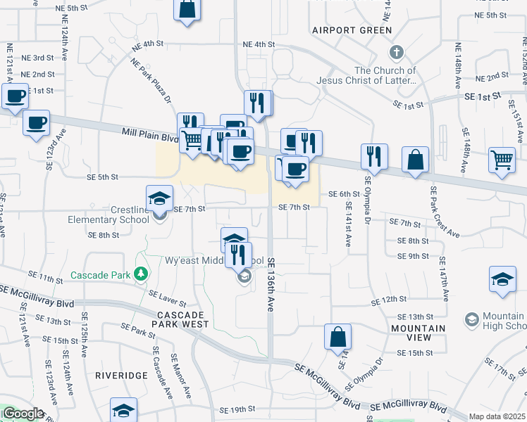 map of restaurants, bars, coffee shops, grocery stores, and more near 13500 Southeast 7th Street in Vancouver