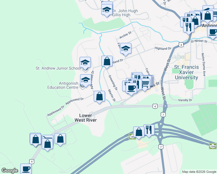 map of restaurants, bars, coffee shops, grocery stores, and more near 26 Martin Street in Antigonish