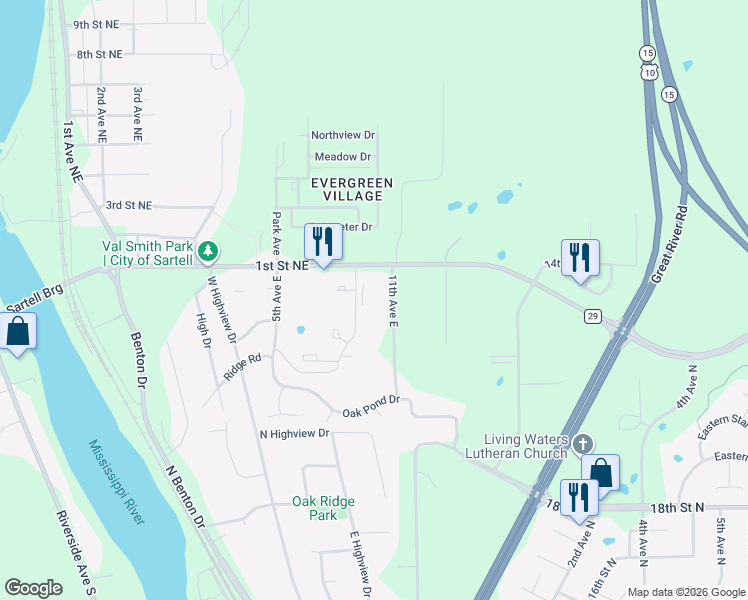 map of restaurants, bars, coffee shops, grocery stores, and more near 1000 1st Street Northeast in Sartell